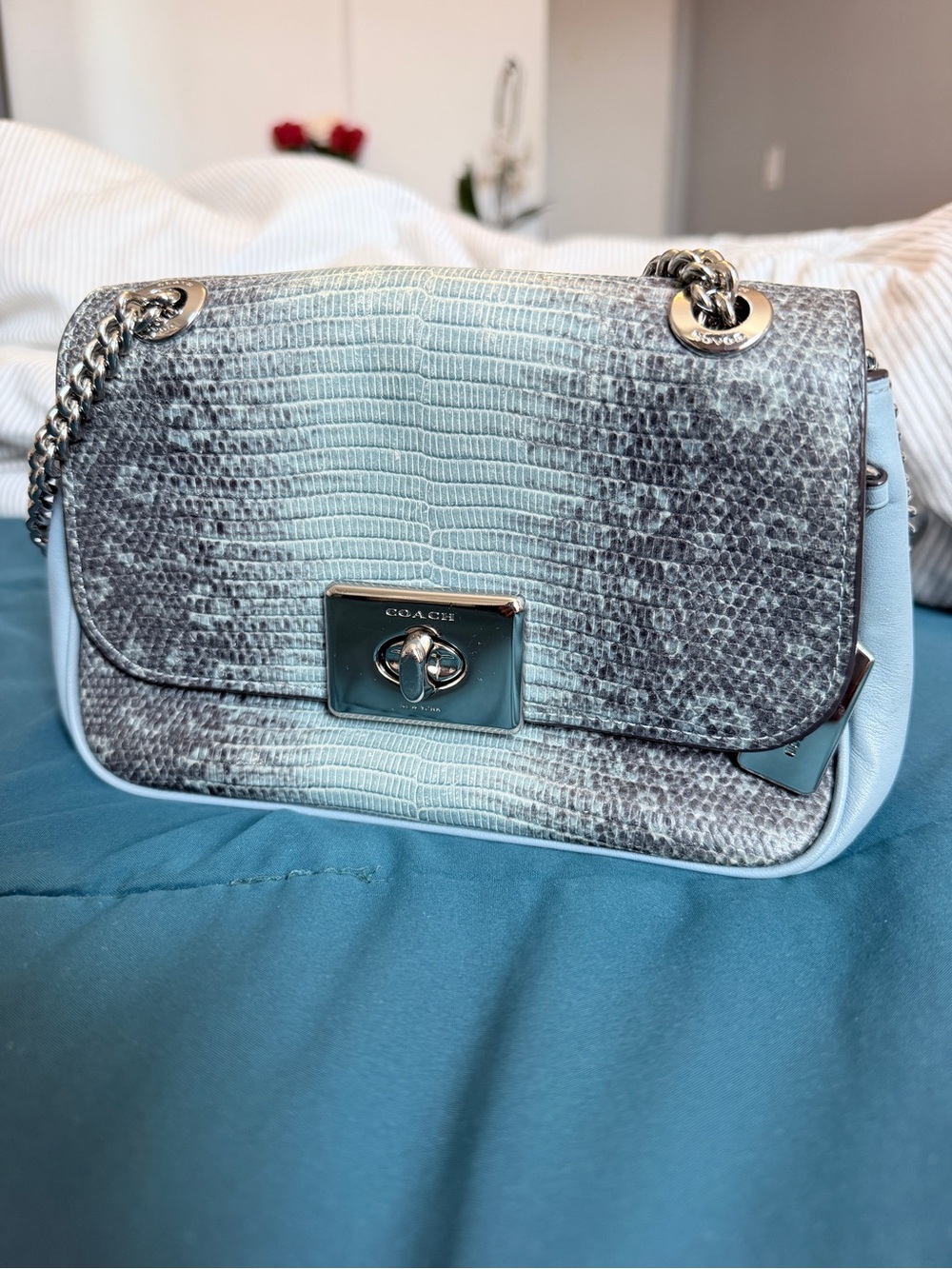 Coach Light Blue Snakeskin-Embossed Leather Crossbody Bag